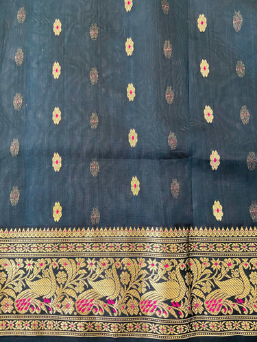 Chanderi Silk saree | Black | Handwoven | Silk Mark | Ships from California